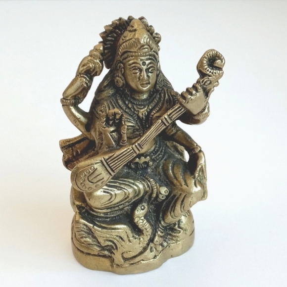 Antique Vintage Brass Hindu Goddess Saraswati Sculpture / 4” Figurine - Picture 3 of 15
